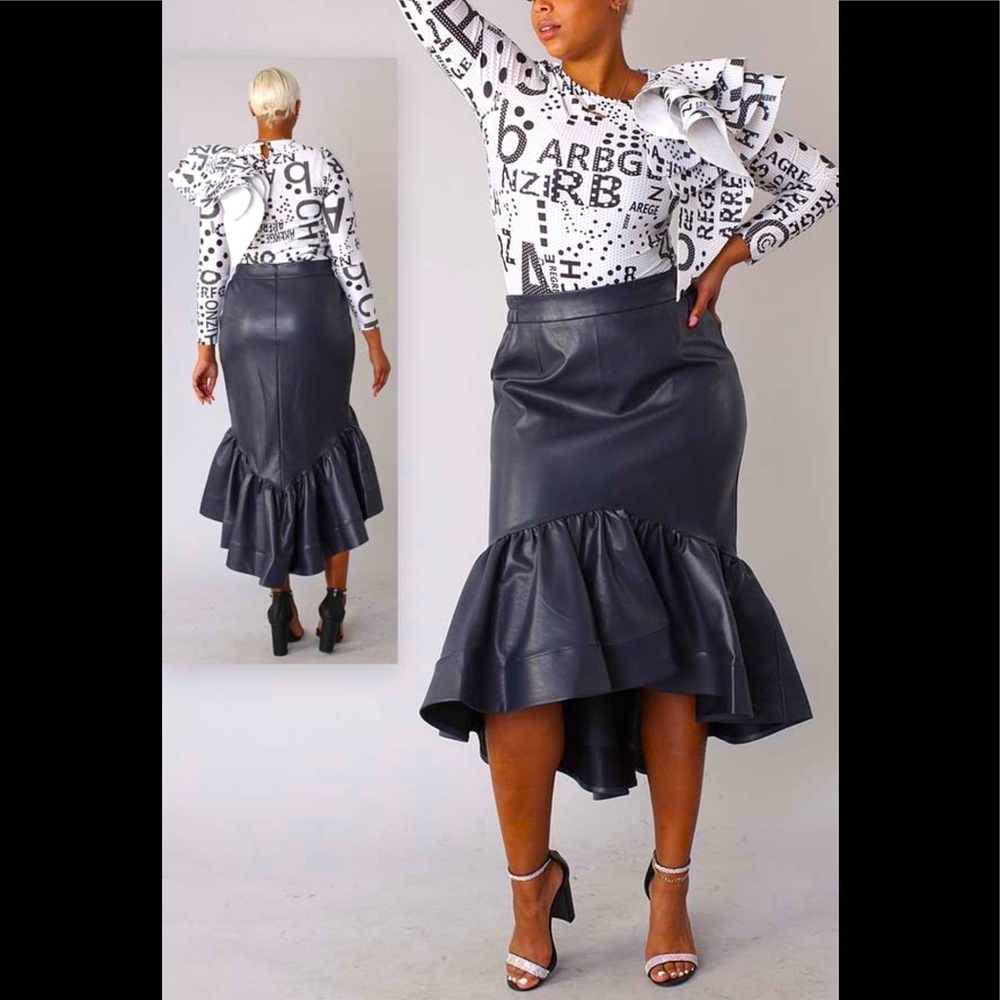 Black flirty leather high low skirt